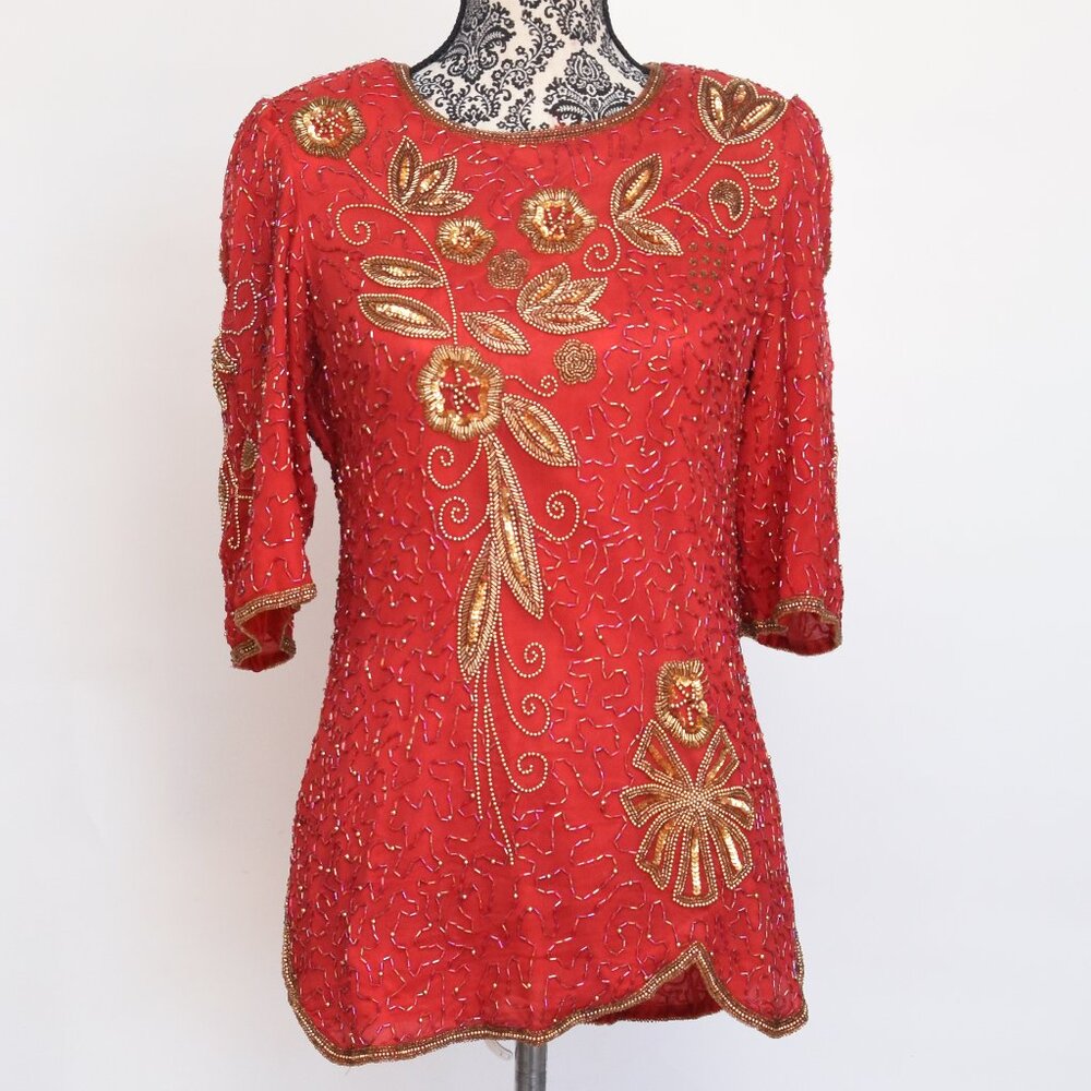 Vintage 80's Red and Gold Beaded Silk Top w/Shoulder Pads Size 12